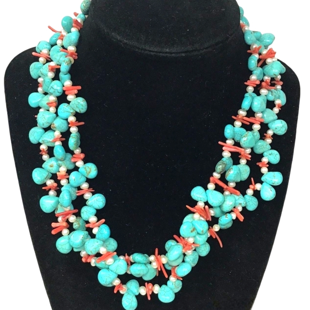 16" Turquoise, Coral & Pearl necklace on 925 Sterling Silver